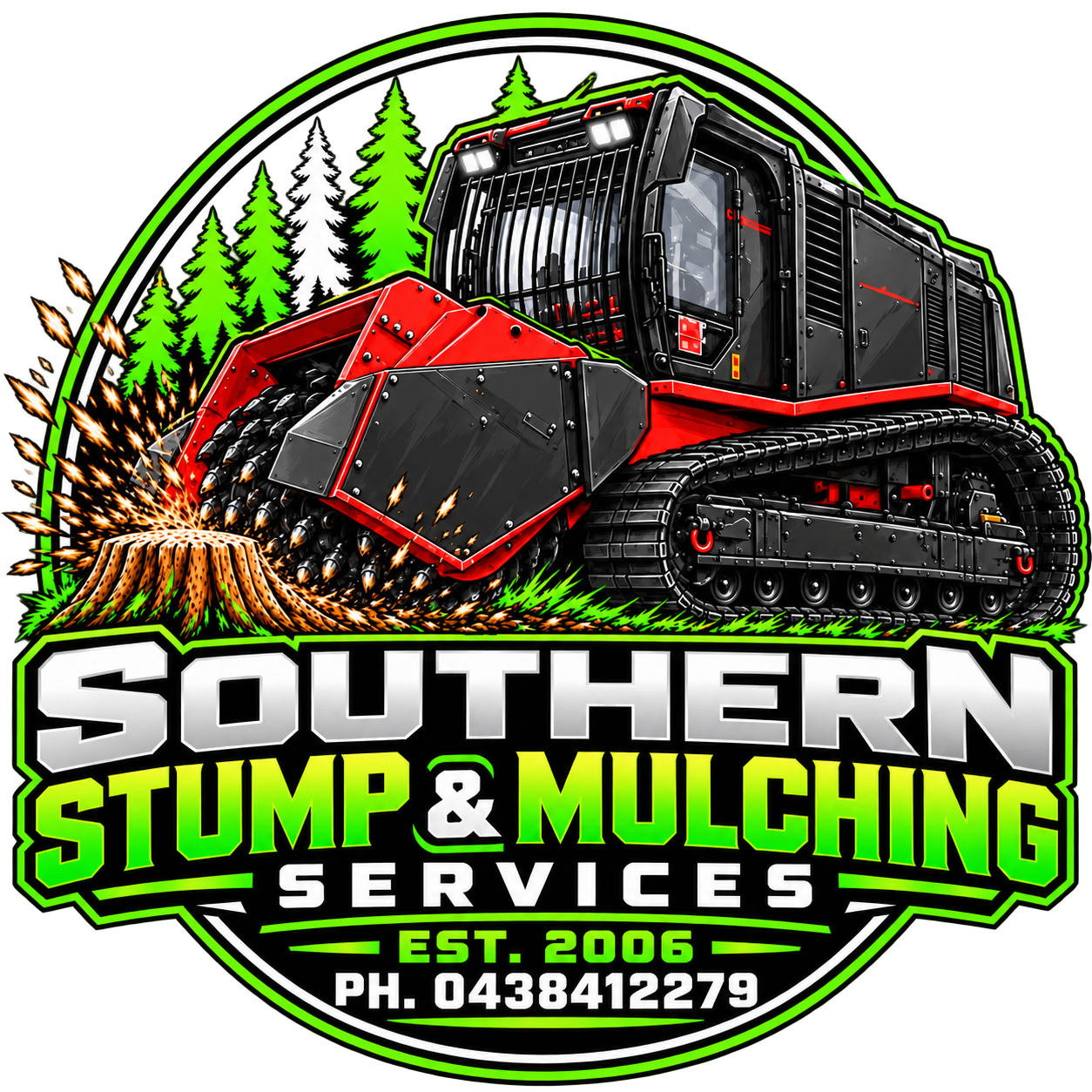 Logo for Southern Stump & Mulching Services featuring a large tracked mulching machine cutting down a tree with a forest background.