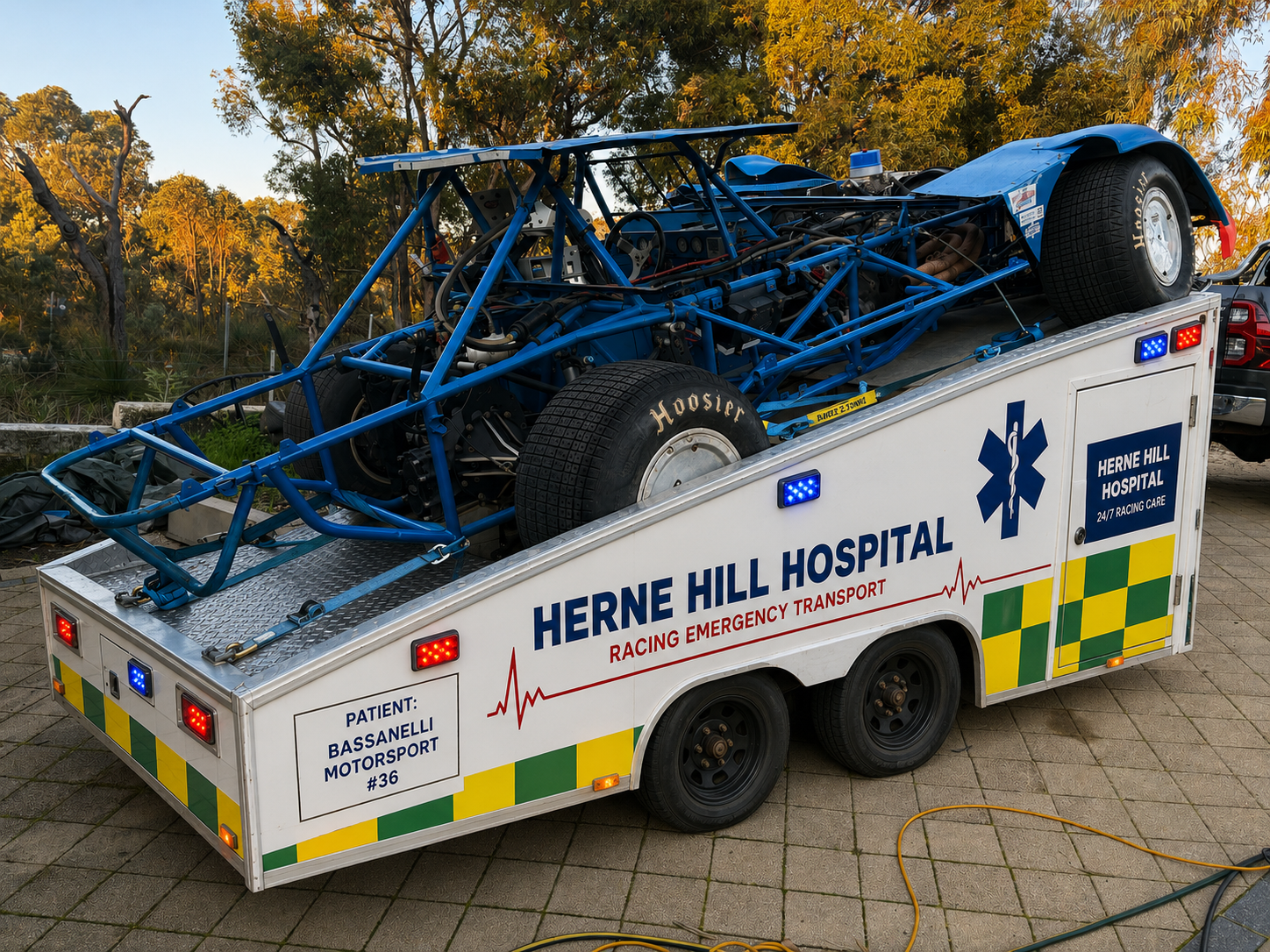 A race car on a transfer trailer marked 'Herne Hill Hospital' with 'Racing Emergency Transport' and a patient name 'Bassanelli Motorsport #36'. The race car frame is blue with racing tires, and the trailer has emergency lights and signage indicating it is used for racing emergencies.