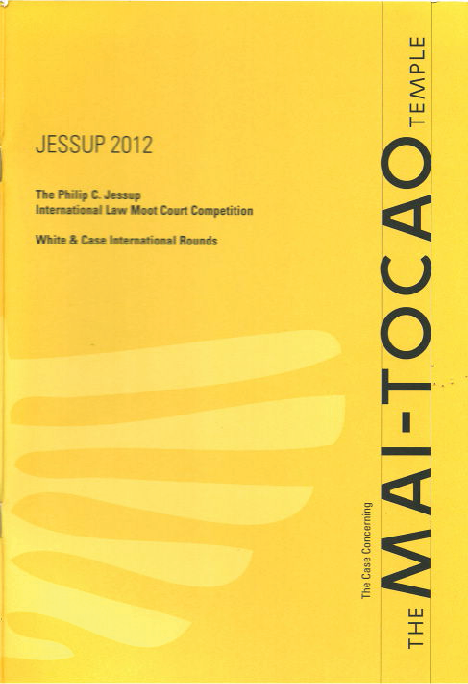 The cover of a yellow publication titled "The M-10: ATOCATE" with vertical text on the right side that reads "Template." The main text includes "JESSUP 2012," "The Philip C. Jessup International Law Moot Court Competition," and "White & Case International Rounds." The slogan "The Case Concerning" appears vertically along the right edge.
