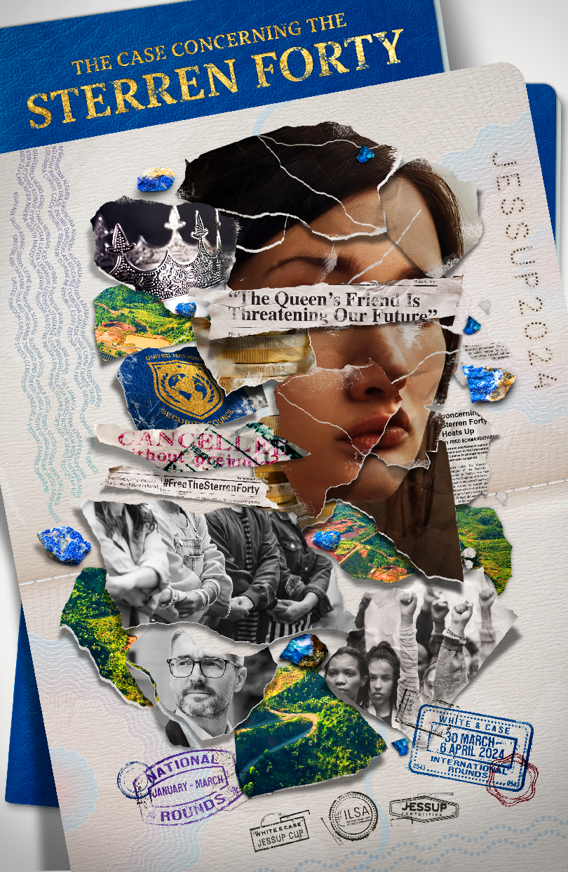 A torn collage image with a blue cover titled "The Case Concerning the Sterren Fort.” The collage includes a portrait of a woman, a crown, stamps, various protest signs, stamps, and images of landscapes and people, symbolizing turmoil, protests, and environmental issues related to the case.