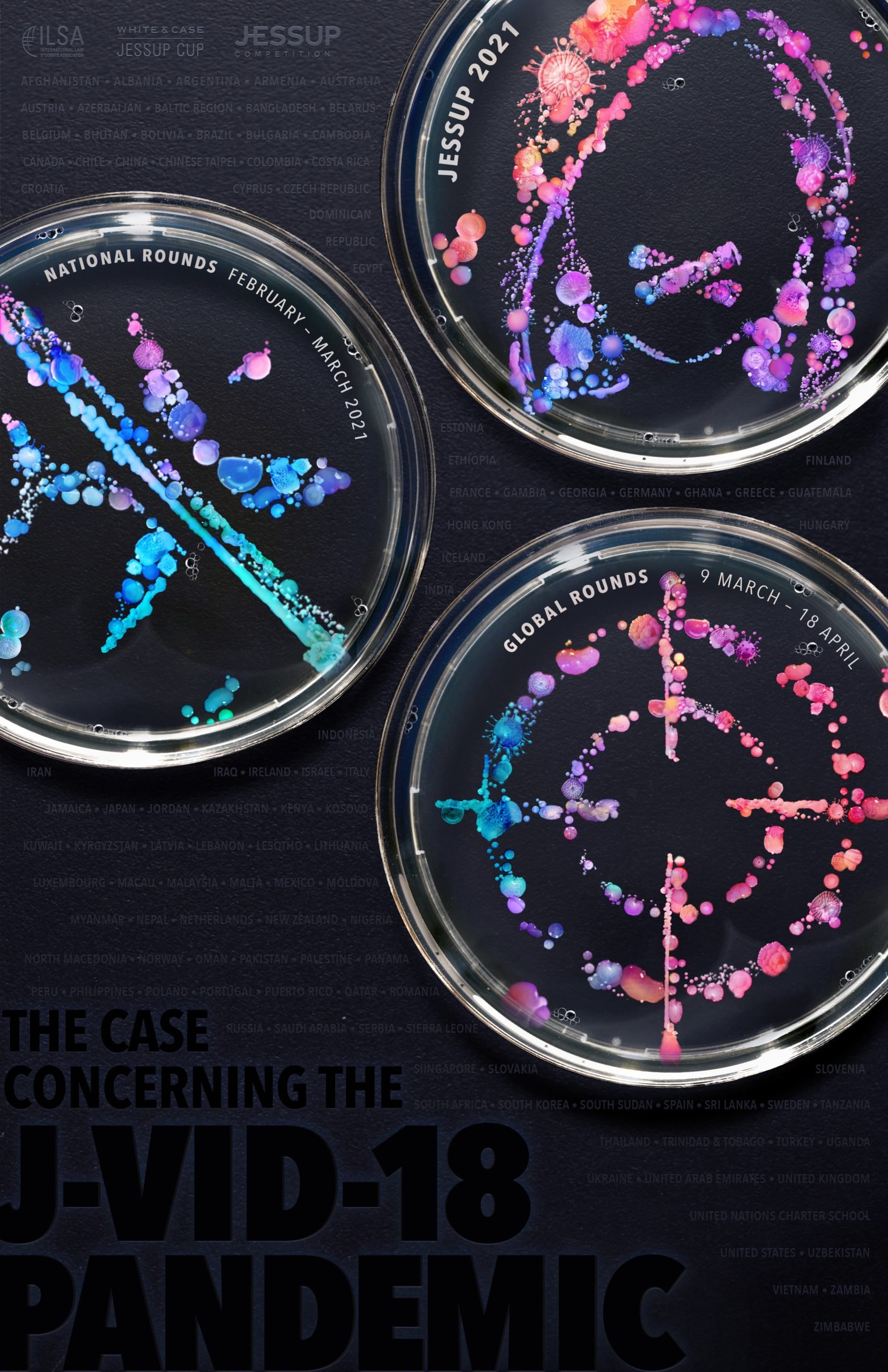 Three Petri dishes with colorful illustrations of the coronavirus and viruses, associated with the COVID-19 pandemic, labeled with the event names and dates, on a dark background with a list of countries.