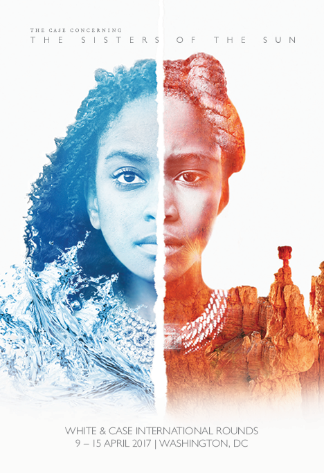 Promotional poster for an event titled 'The Case Concerning the Sisters of the Sun,' showing a split portrait of two women, one painted in blue with water and waves, and the other in warm tones with a desert landscape.