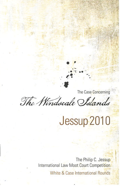 Cover page of a book titled 'The Windsale Islands Jessup 2010' related to an international law moot court competition, with some abstract ink splatter design.