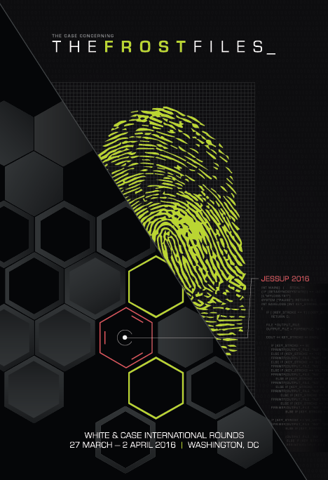 Cover of a poster for "The Frost Files" conference showing a black background, hexagonal patterns, and a large yellow fingerprint, with some red and yellow lines and text.