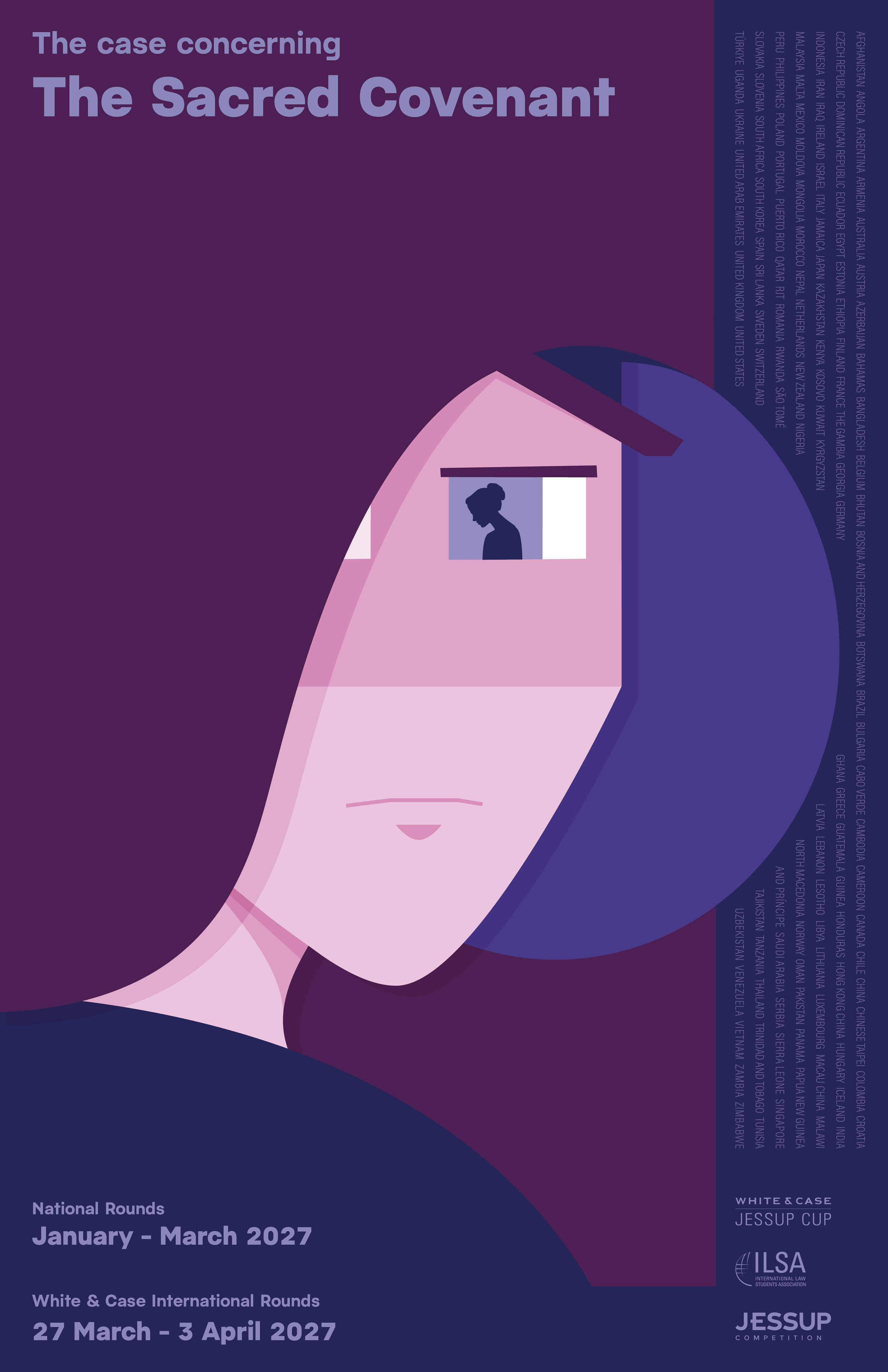 Illustration of a woman's face with dark hair, a pink and purple color palette, and a partial view of her profile. The cover features text about The Sacred Covenant and details of the January to March 2027 international rounds, with additional information on the right side about various countries and the Jessup Cup competition.