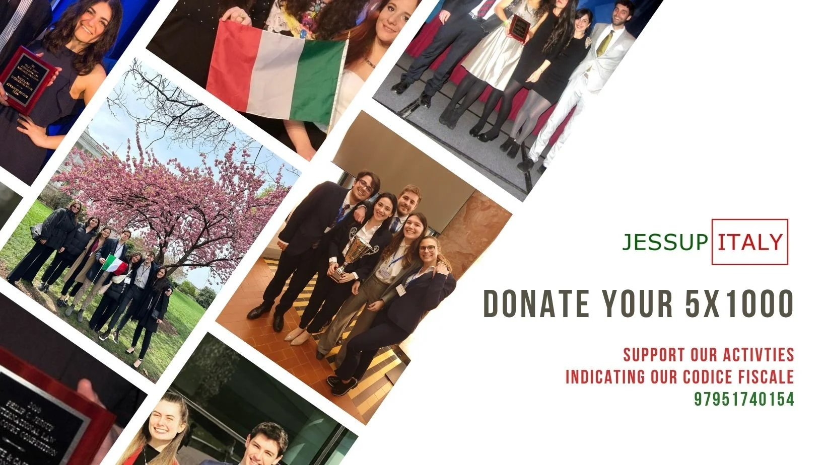 Collage of photos from an event in Italy, including people holding awards, group photos in front of cherry blossoms, a team with a trophy, and individuals smiling, with text urging donations to support activities.