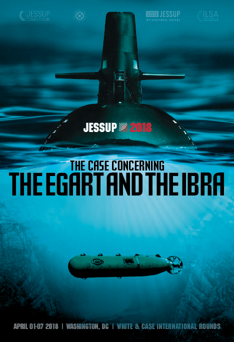 An underwater image shows a submarine with the text "JESSUP 2018" on its hull, and an underwater drone or torpedo beneath it. The background depicts the ocean with a cloudy sky, and information about a legal competition event called Jessup and the case titled "The Case Concerning The Gart and The Ibra."