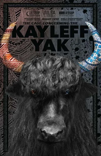 Book cover titled 'The Case Concerning the Kayleff Yak' featuring a black yak with colorful, decorated horns and a tribal patterned background.