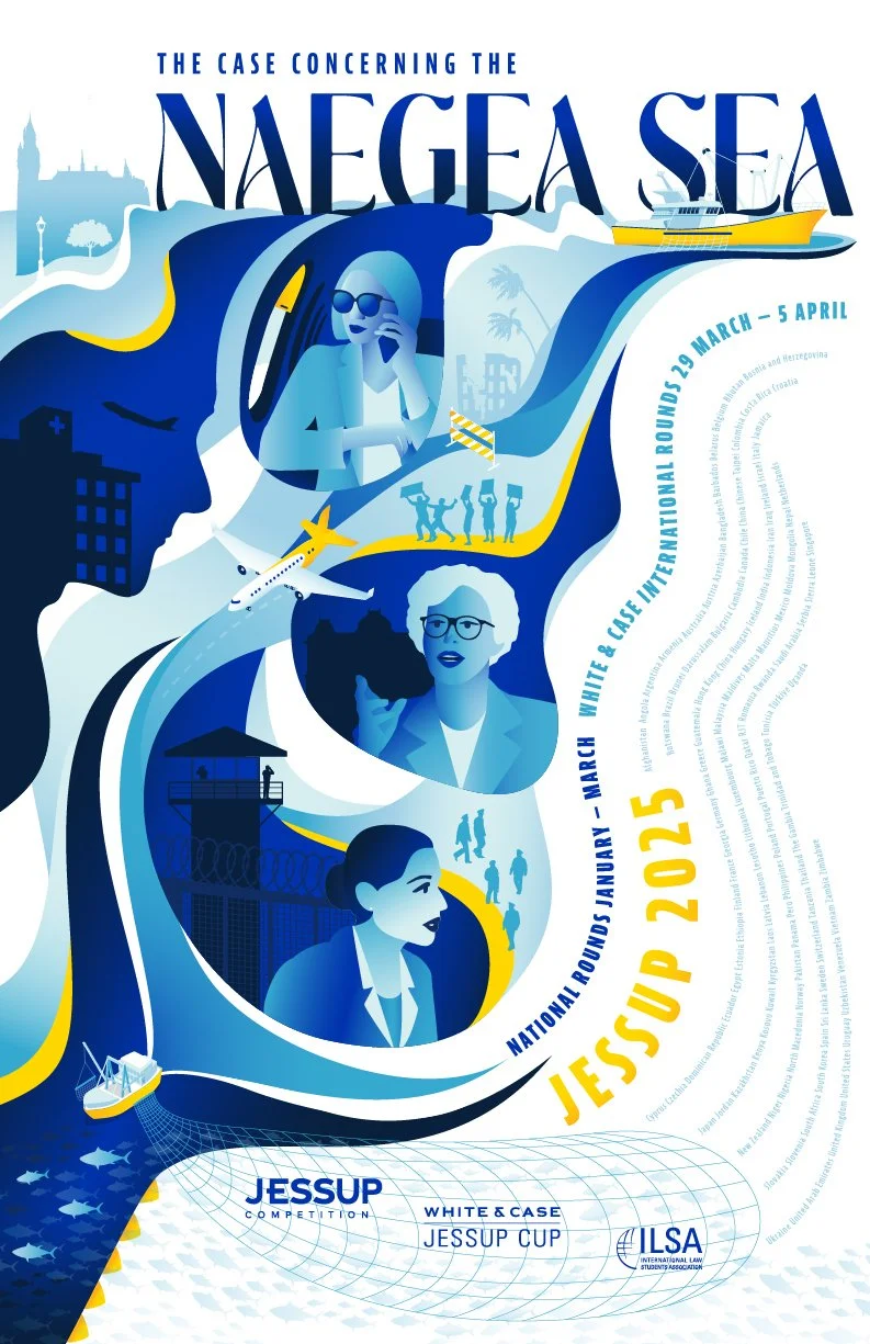 Poster for a legal case competition on the Narega Sea, scheduled from March 29 to April 5, 2025, featuring illustrations of people, a ship, an airplane, a lighthouse, and a detention center, with text about the Jessup Cup and international law.