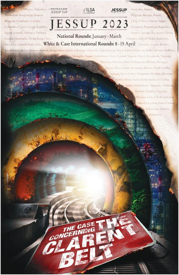 Cover of a publication titled "JESSUP 2023" featuring the Jessup Cup international rounds from January to March. The cover includes a torn paper effect revealing a tunnel and cityscape images, alongside a prominent sign reading "The Case Concerning the Claren Belt." The background lists numerous countries, indicating international participation.