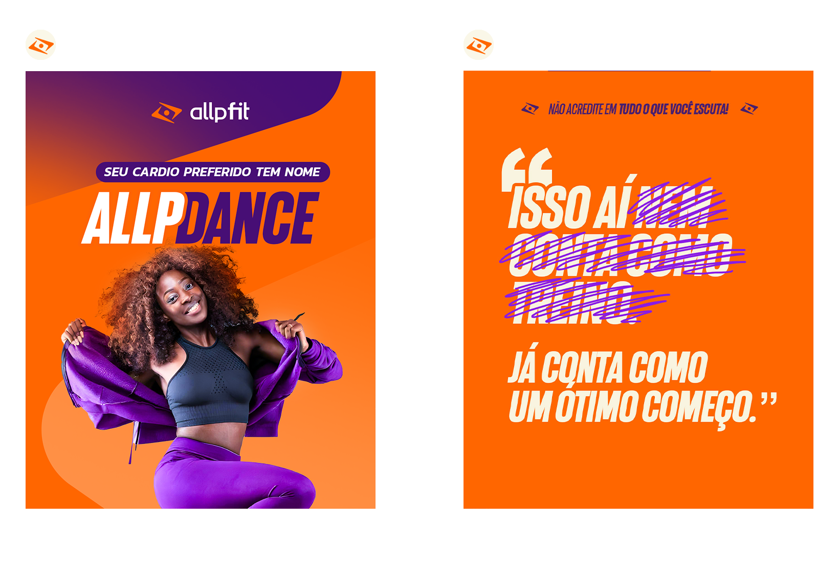A promotional poster in Portuguese for Allfit featuring a woman in purple workout clothes. The background is orange with purple and white text.