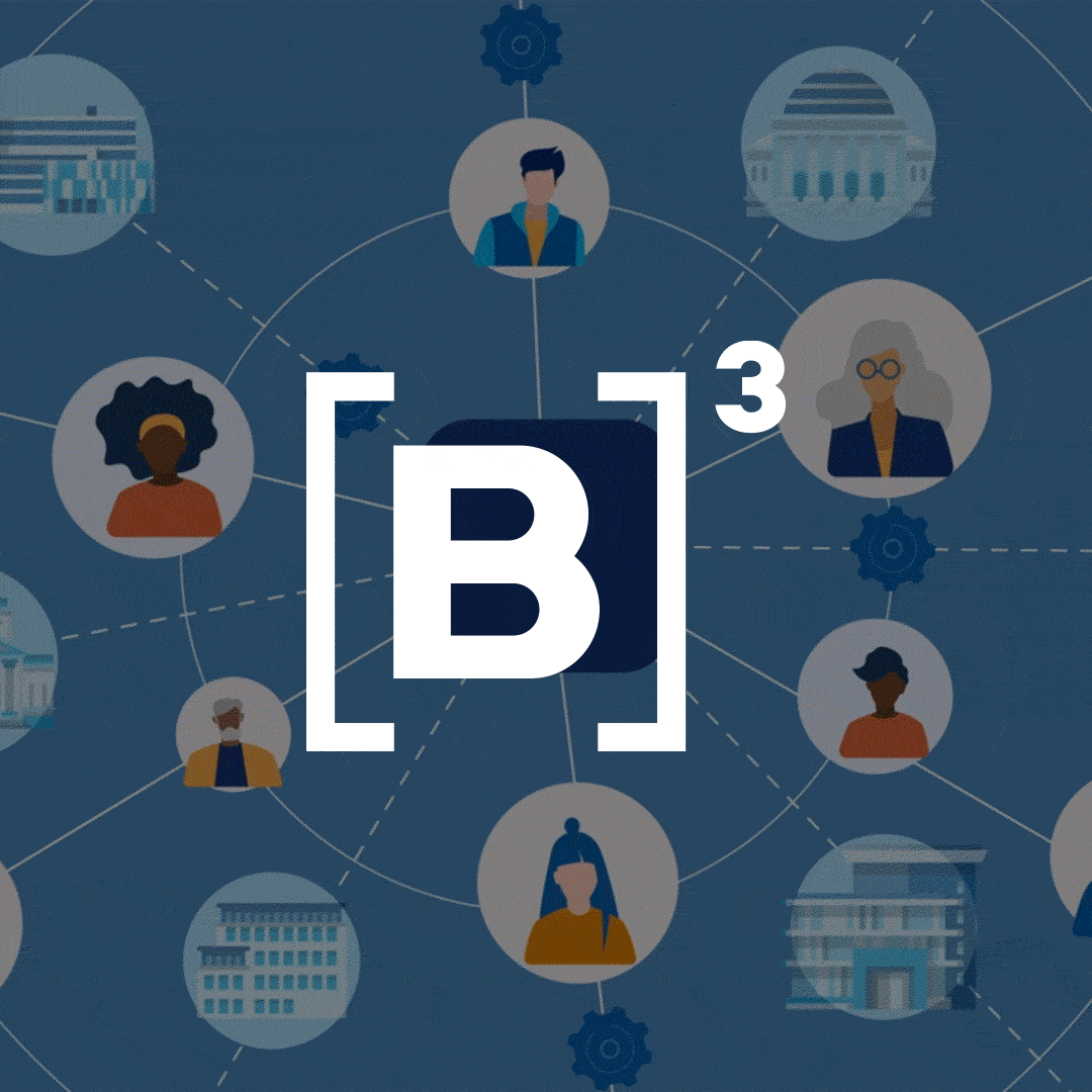 Graphic featuring interconnected icons of diverse people and buildings, with a central logo displaying a large 'B' and the number '13'.