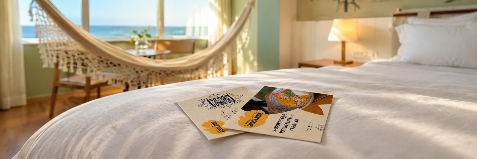 Hotel room with a bed, nightstand, lamp, hammock, table, chairs, and ocean view
