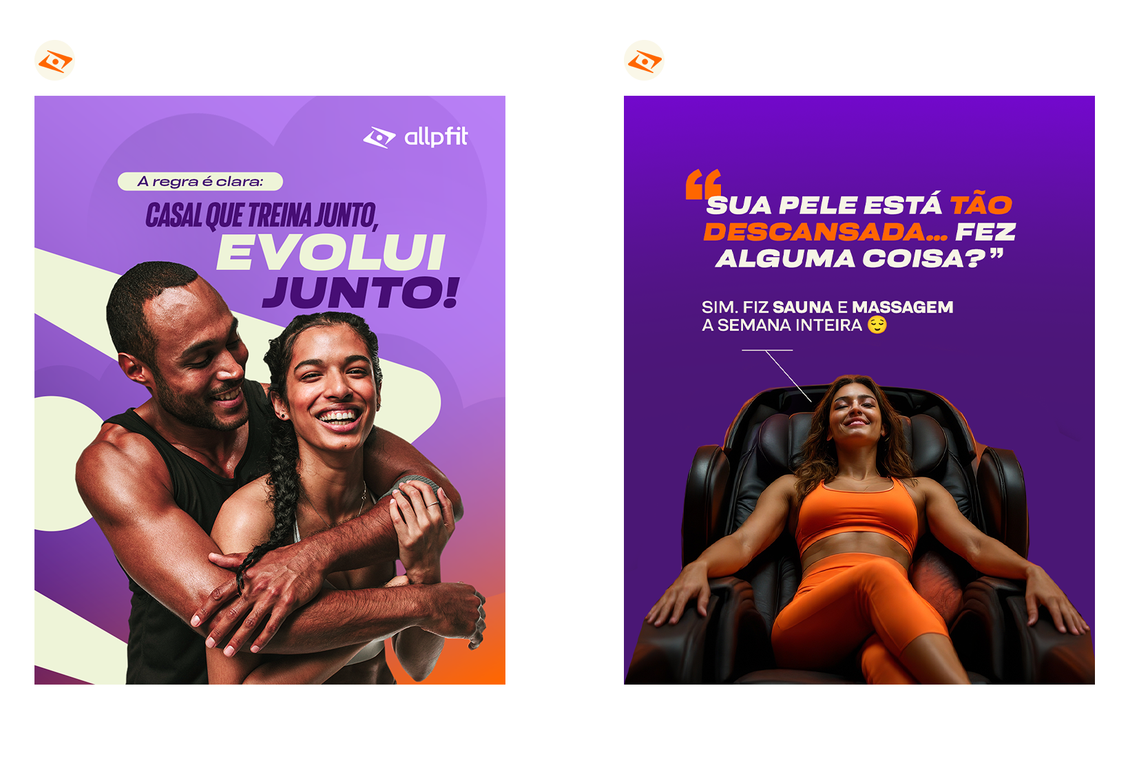 Two side-by-side advertisements promoting relaxation and wellness. The left ad shows a happy couple, the man hugging the woman from behind, with a purple and lavender background and playful text in Portuguese about couples who train together. The right ad features a woman sitting in a massage chair, smiling with her eyes closed, against a purple background, with text in Portuguese about skin relaxation and a statement about weekly sauna and massage.