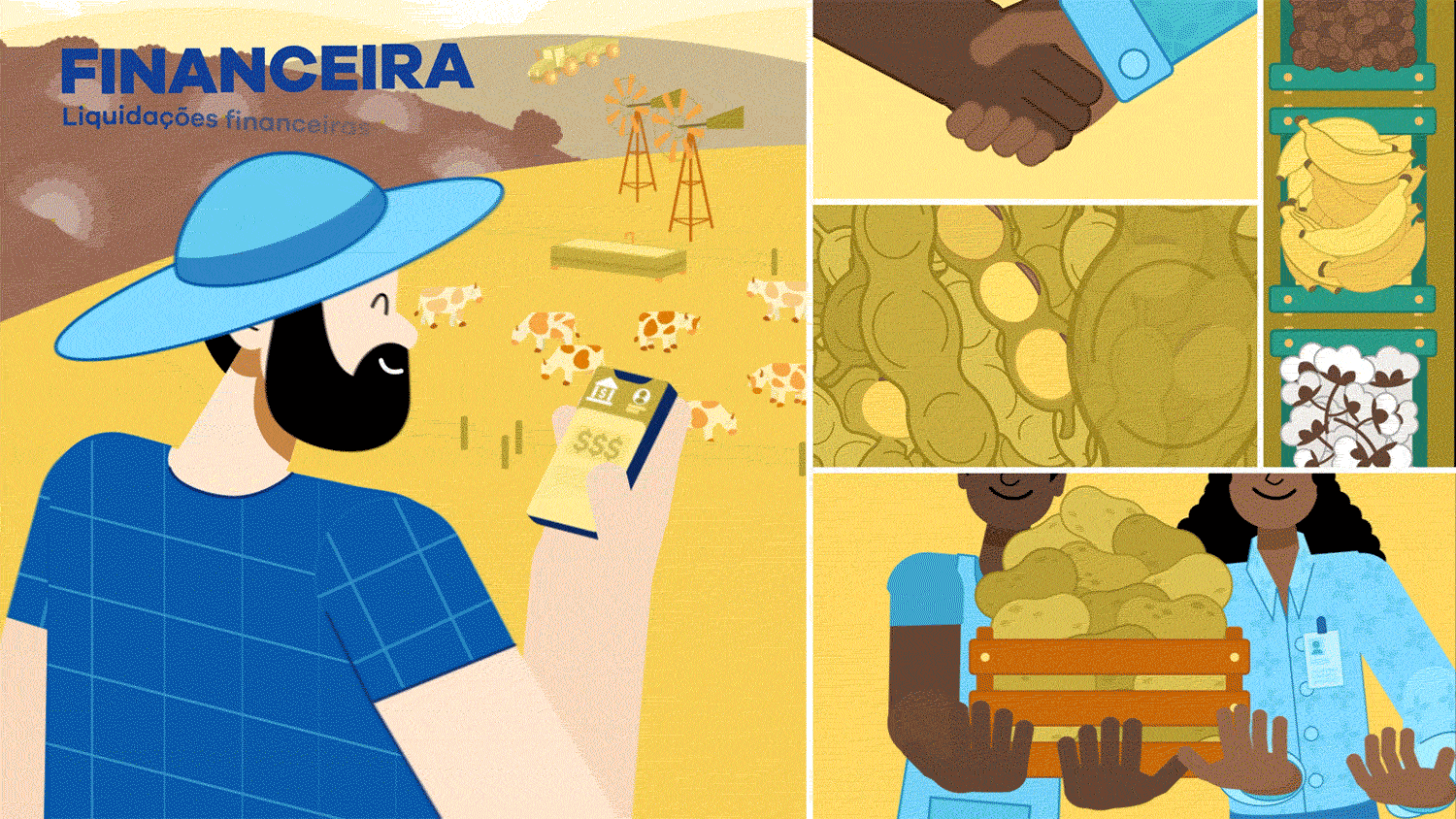 Illustration of a farmer using a smartphone in a field with cows, with inset images showing handshake, bananas, cotton, and crates of harvested potatoes.