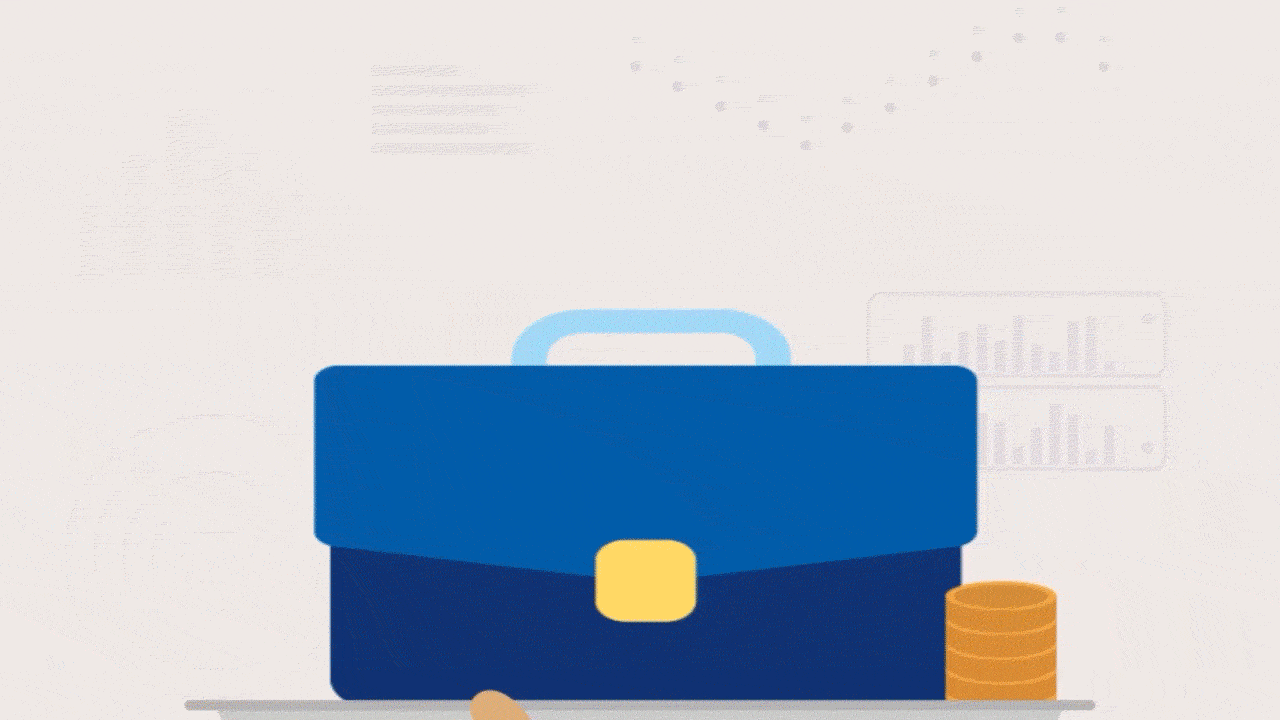 Animated illustration of a blue briefcase with yellow lock and a stack of gold coins beside it, with background graphs and charts.