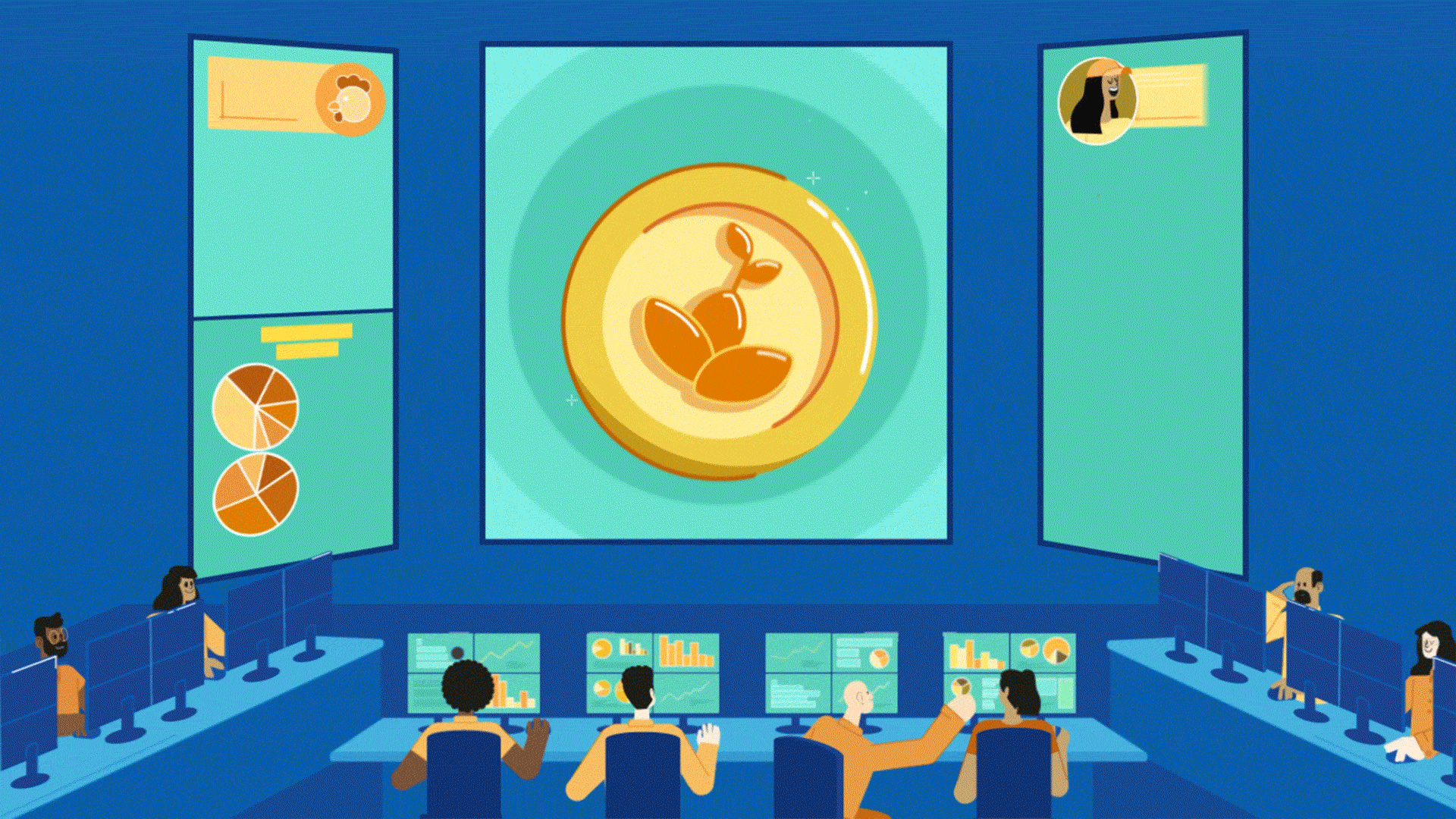An illustration of a data visualization presentation room with multiple people observing screens displaying charts and graphs. A large screen in the center shows a coin with a sprouting plant, indicating financial growth or investment.