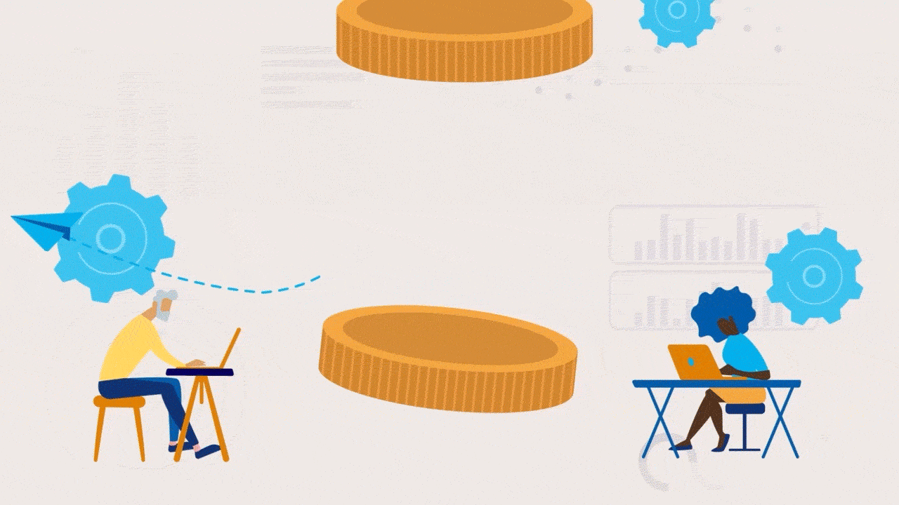 An animated illustration of two people working on laptops, separated by large gold coins, with gears and charts in the background, representing digital currency or cryptocurrency exchange.