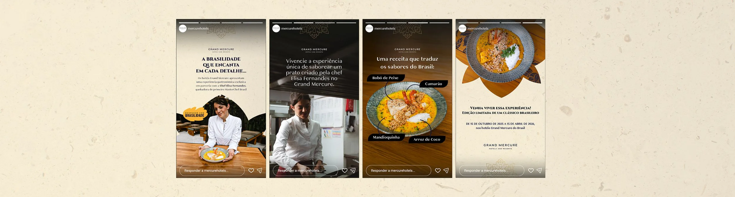 Four vertical social media story slides promoting Brazilian cuisine experiences at Grand Mercure hotel, featuring a chef and dishes like fish casserole, with text in Portuguese.