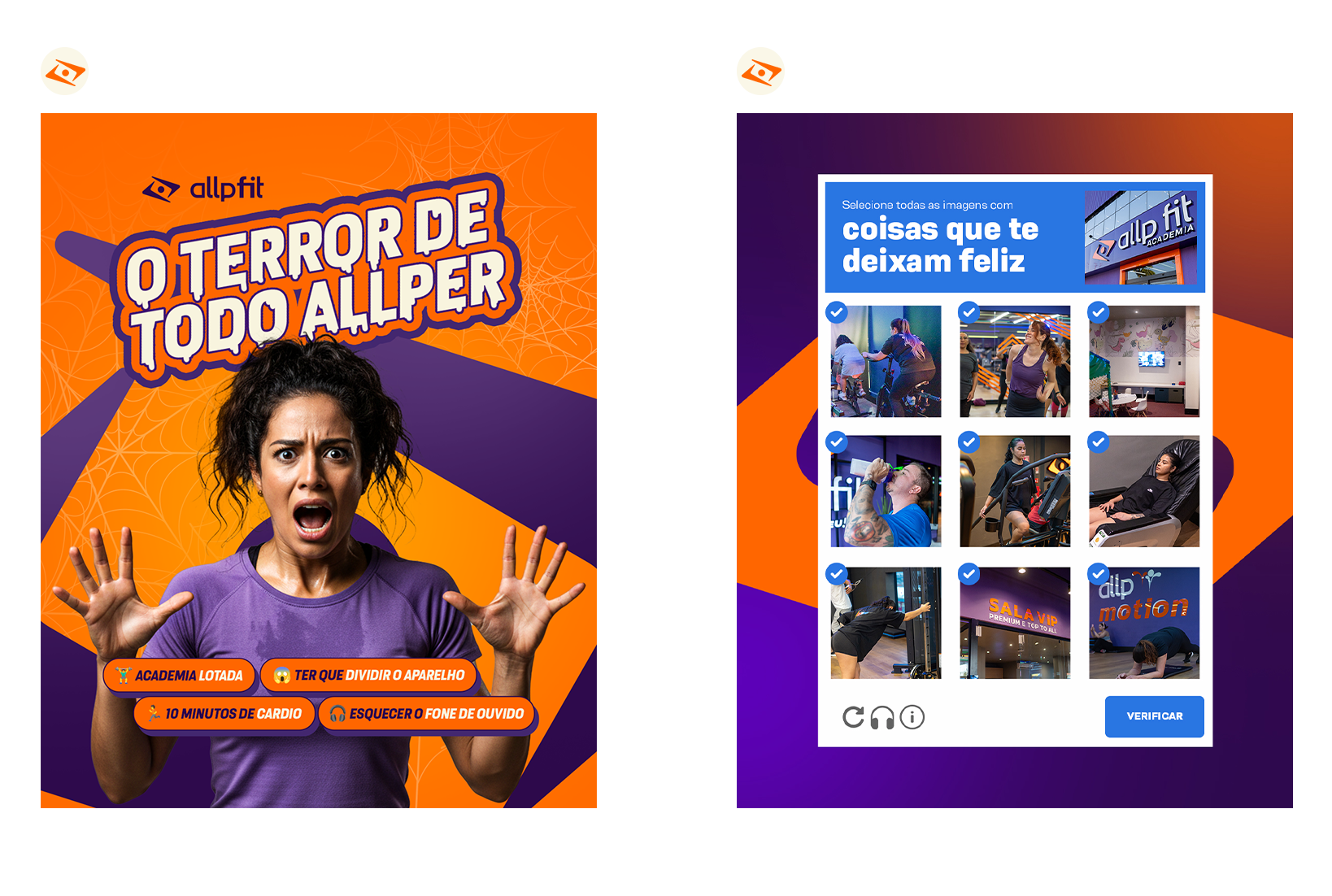 Two digital screens displaying promotional content for a fitness academy. The left screen shows a woman in a purple shirt with a surprised expression, with text highlighting fitness tips and the academy name. The right screen displays a photo selection interface with images of people working out and the headline 'Things that make you happy' in Portuguese.