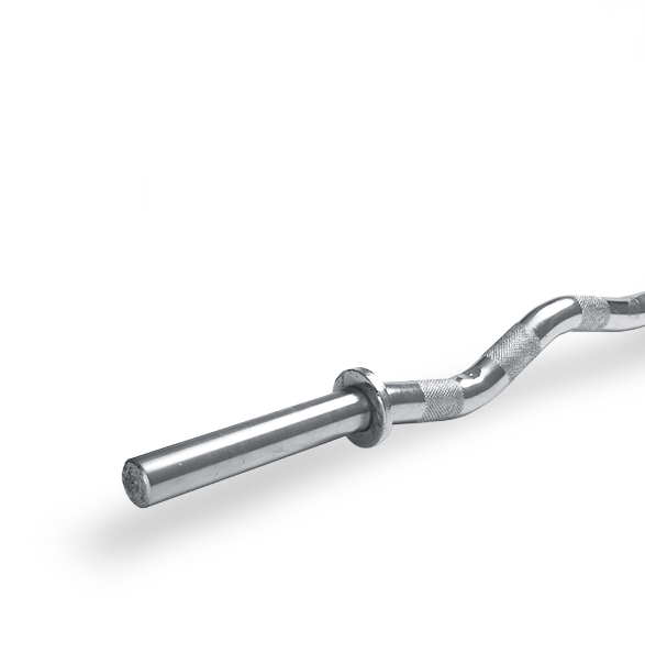A metallic barbell with a knurled handle and a straight weight attachment on one end, isolated on a black background.