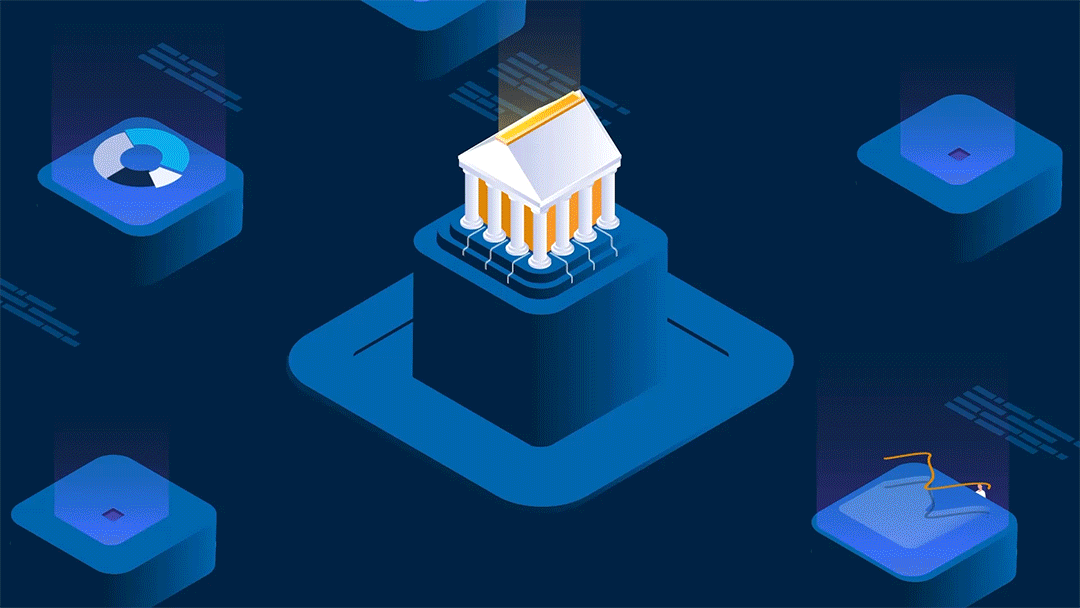 An illustration of a classical bank or government building with columns, placed on a digital platform. Surrounding it are abstract icons of data charts, a computer mouse, and digital interfaces.