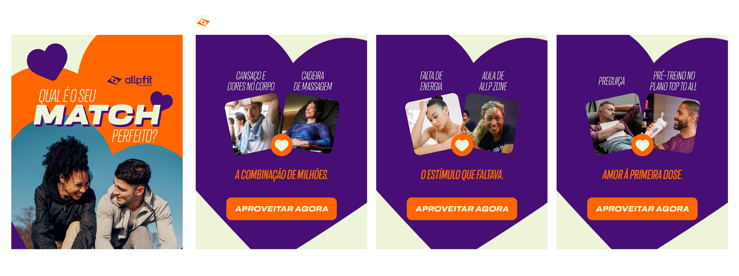 A promotional graphic for Allfit Academy asking about your ideal match, featuring photos of happy young people, and highlighting the benefits of training with Allfit, including relief from body aches, energy boost, and love at first dose, with a call-to-action button 'Aproveitar Agora' (Enjoy Now).