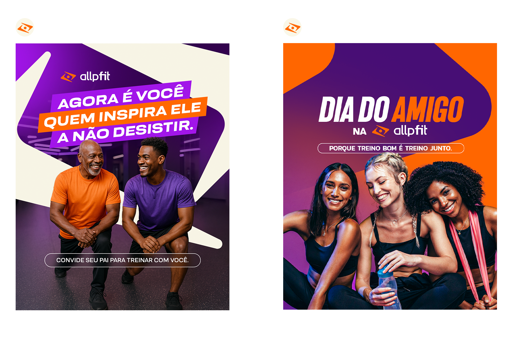 Two posters promoting Allfit fitness program, one showing two men smiling in purple and orange athletic shirts with the text 'Now it's you who inspires him to never give up', the other showing three women smiling with the text 'Friend's Day at Allfit' and 'Because good training is training together'.