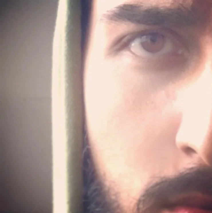 Close-up of a person's face with light skin, brown eyes, dark eyebrows, and facial hair, partially obscured by a vertical object or wall.