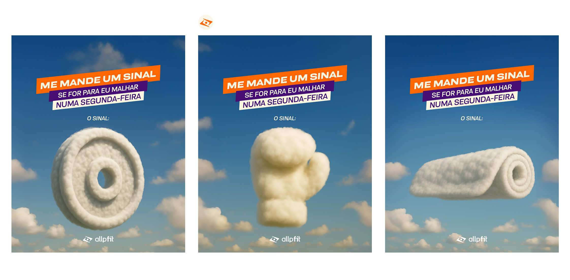 Three cloud-shaped objects resembling a roll, a cloud, and a spiral, positioned against a blue sky with clouds, with Portuguese text overlayed about sending a signal, and allfit logo at the bottom.