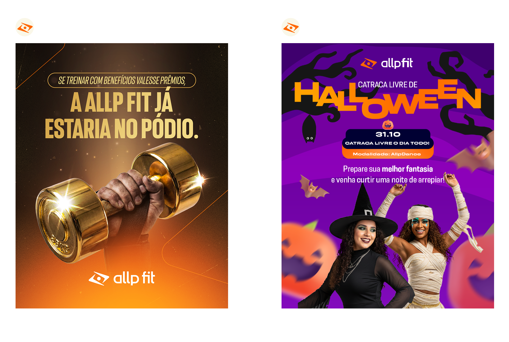 Two promotional posters for AllFit. The left poster features a hand lifting a gold dumbbell with the text in Portuguese: "Se treinar com benefícios Valesse prêmios, a AllFit já estaria no pódio." The background is dark with a glowing effect. The right poster has a Halloween theme with a purple background, black bat and ghost illustrations, and two women dressed in Halloween costumes (witch and mummy), surrounded by pumpkins and bats. The text includes Halloween-related phrases and event details in Portuguese.