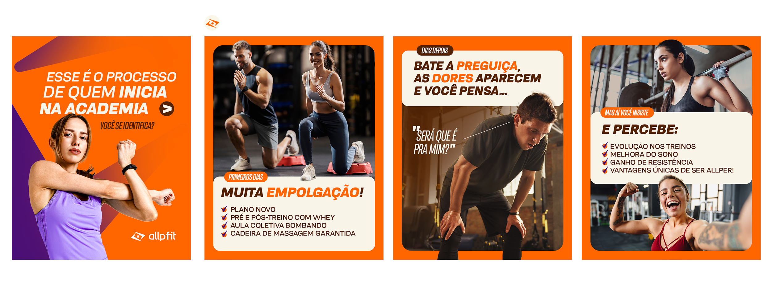 Series of four fitness advertisement posters promoting gym memberships, workout routines, and fitness benefits, featuring smiling individuals in gym settings, with prominent orange backgrounds and motivational text in Portuguese.