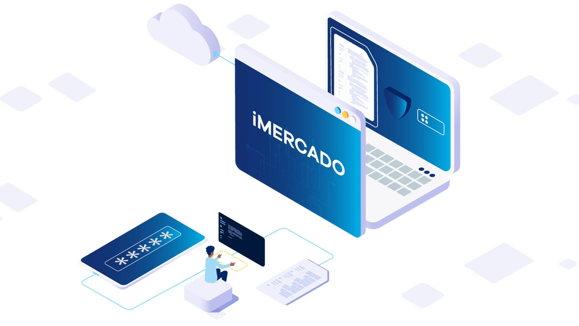 Digital illustration showing online shopping with a laptop, a smartphone with a password input, and a person managing online transactions, featuring the word 'IMERCADO' on a screen.