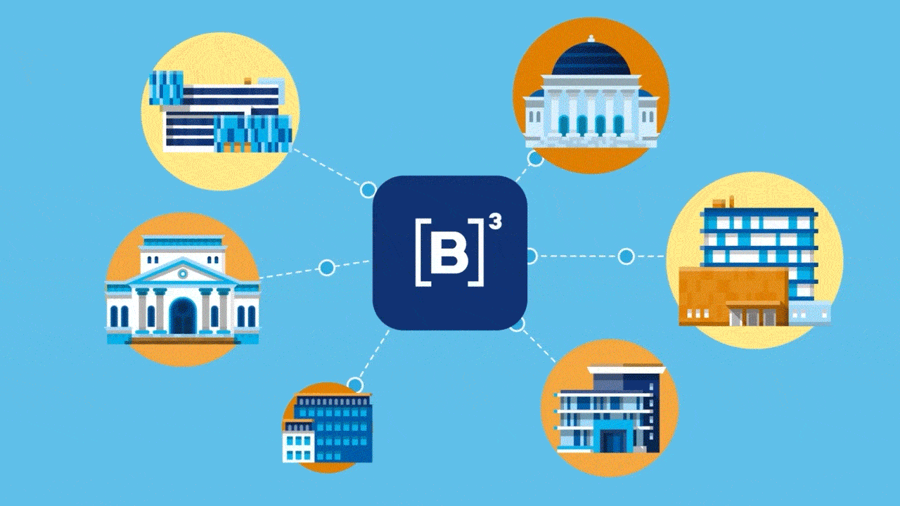 Illustration showing a central blue square with '[B]³' surrounded by six icons representing different buildings, connected by dashed lines. The buildings include a historical government building, a bank, a modern residential building, a corporation office, a cultural institution, and a commercial structure, all depicted with simplistic, colorful designs on a blue background.