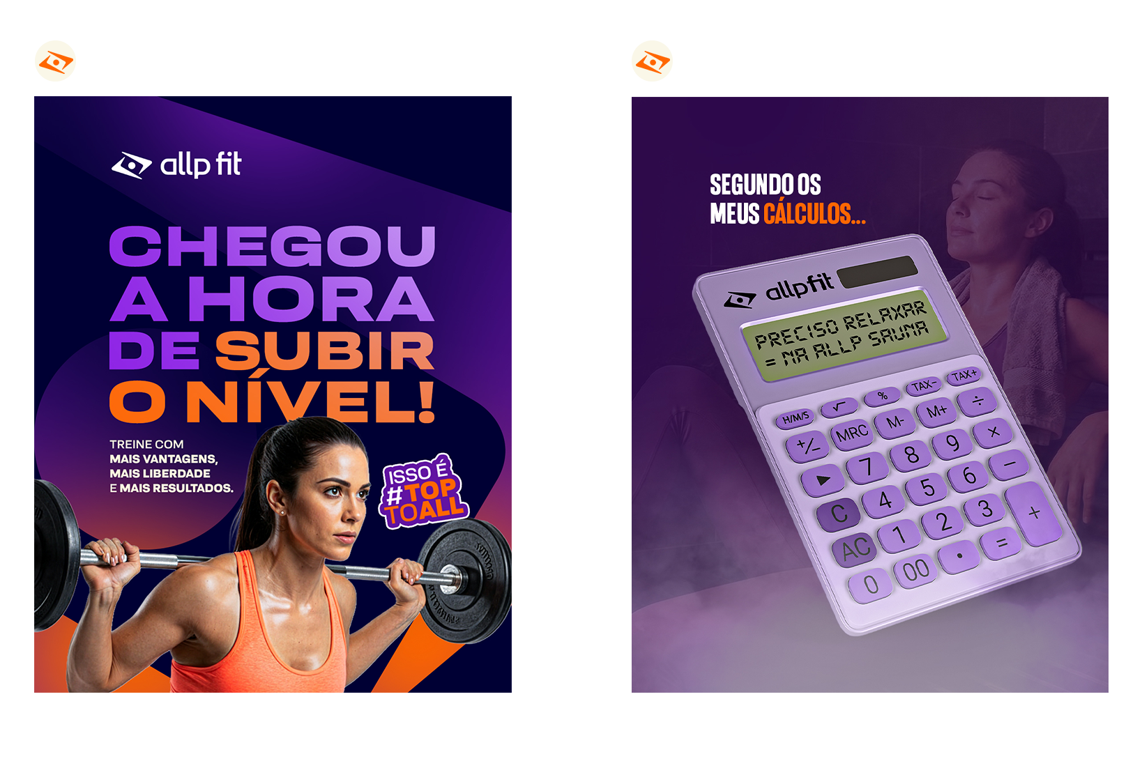 Fitness advertisement with a woman lifting a barbell, bold text in Portuguese, and a calculator with a woman in workout attire.