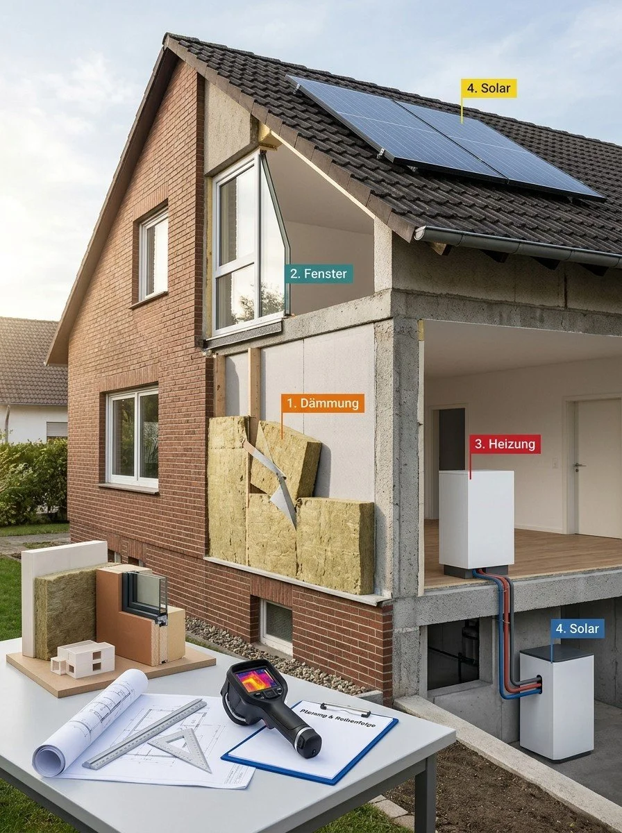 Schnitt durch ein Haus mit solarer Photovoltaikanlage auf dem Dach, einem Fenster, einer Dämmung, einer Heizung und Solarkollektoren für Warmwasserbereitung, sowie eine Baustelle mit Baumodellen, Messinstrumenten und Bauplänen.