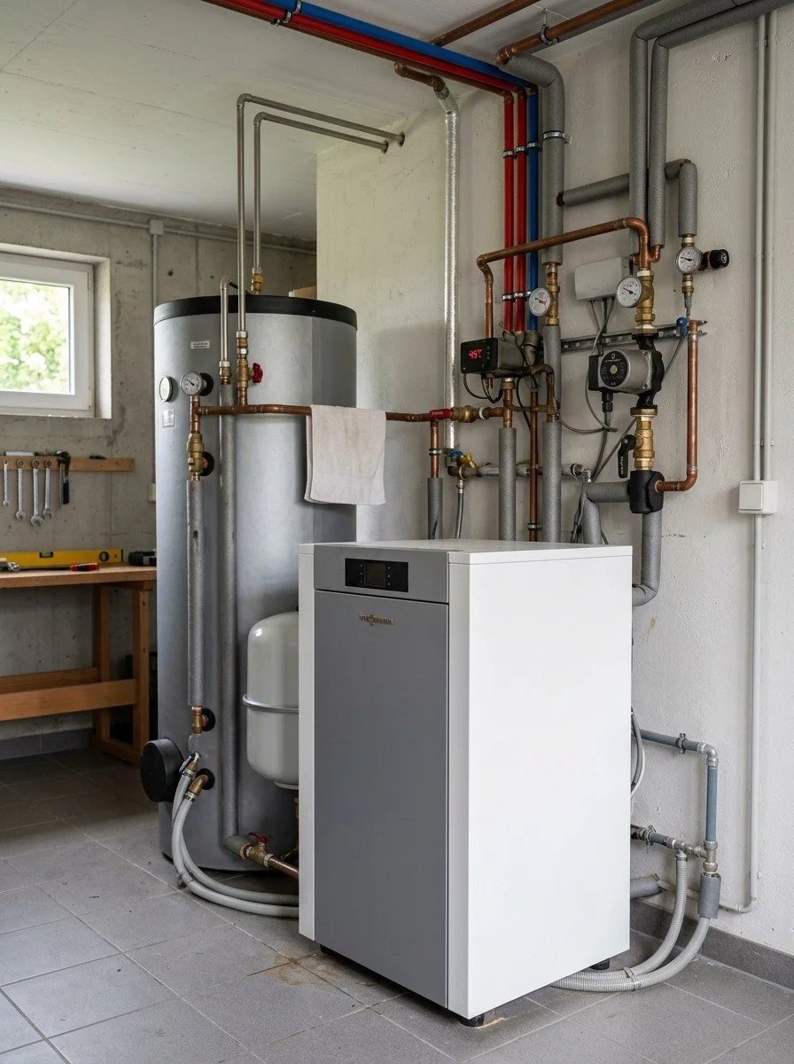 Ein Heizkessel und eine Warmwasserboileranlage mit mehreren Rohrleitungen und Messgeräten, installiert in einem Hauswirtschaftsraum.