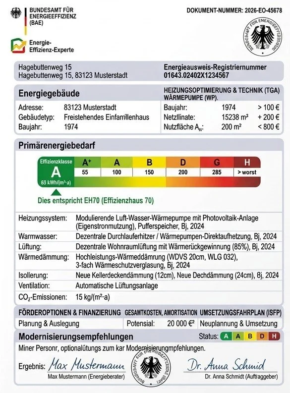 Energieausweis für ein Gebäude in Musterstadt, Baujahr 1974, mit Energieeffizienzklasse A+, zeigt Details zur Heizungs- und Lüftungstechnik, Dämmung, CO2-Emissionen und Modernisierungsempfehlungen.