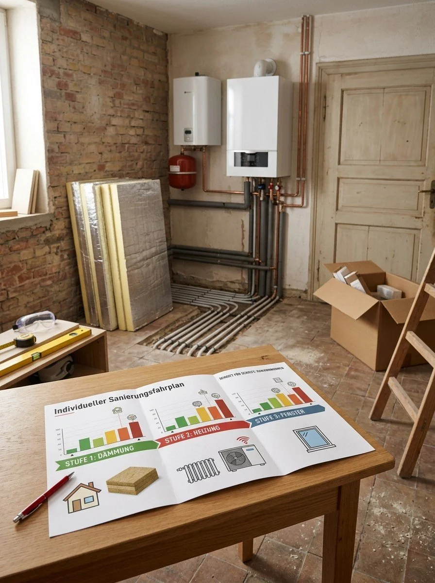 Ein Raum mit Heizungs- und Warmwasserinstallationen, im Vordergrund ein Tisch mit einem Sanierungsplan, im Hintergrund Baustoffe, eine offene Kartonbox und ein Holzsessel.