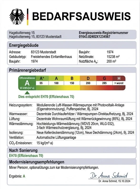 Bedarfsausweis für ein Energiegebäude mit Adresse in Musterstadt, Energiebedarf, Effizienzklasse A+, Heizungssystem, Warmwasser, Lüftung, Wärmedämmung, Isolierung, Ventilation, CO2-Emissionen, Sanierungsplan, Modernisierungsempfehlungen und Unterschrift.