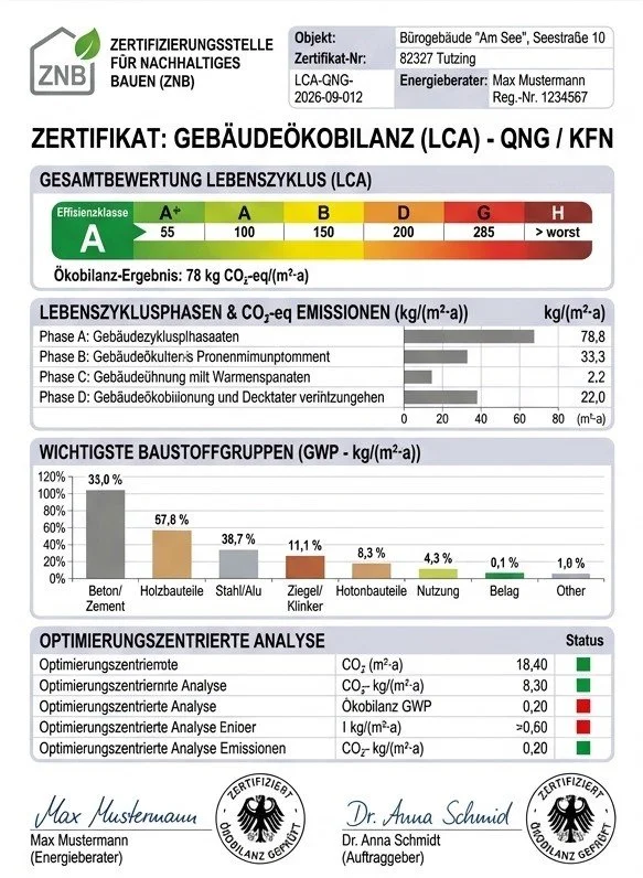 Das Bild zeigt eine Zertifikatsurkunde für nachhaltiges Bauen, ausgestellt vom Zentrum für Nachhaltiges Bauen (ZNB). Es enthält eine Bewertung des Lebenszyklus eines Gebäudes, inklusive Energieverbrauch, CO2-Emissionen, Baustoffgruppen, Optimierungsanalysen, sowie Zertifizierungsnummer und Unterschriften.