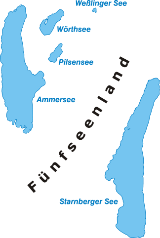 Wörthersee, Pilsensee, Ammersee, und Starnberger See, bekannt als  'Fünfseenland'.
