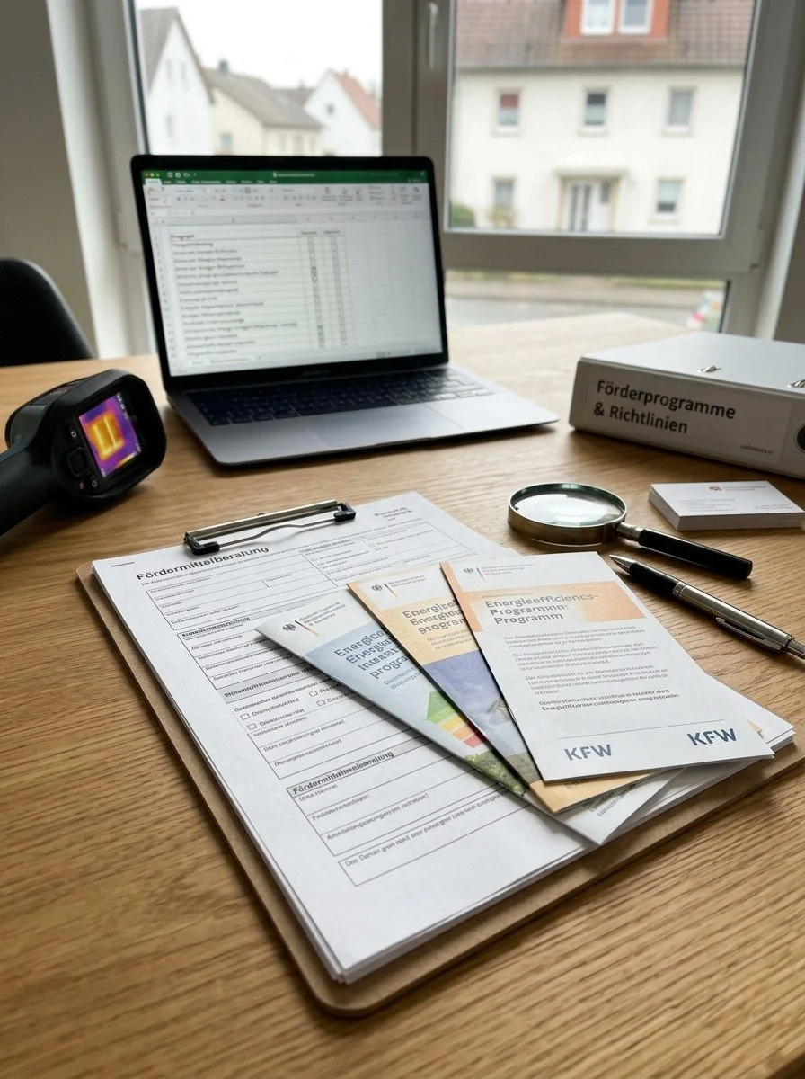 Arbeitsplatz mit Laptop, Monitor, Informationsmaterialien, Lupe, Stift, Dokumente und Aktenordner für Förderprogramme.