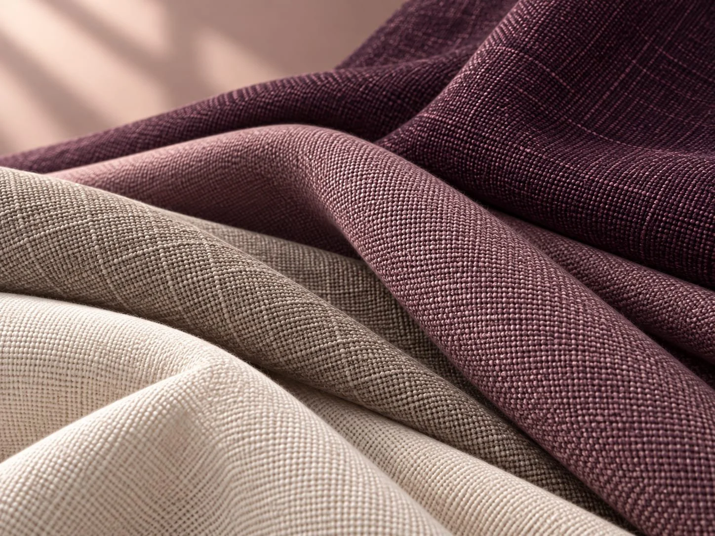 Close-up of folded fabric swatches in beige, taupe, pink, and burgundy colors with woven textures.