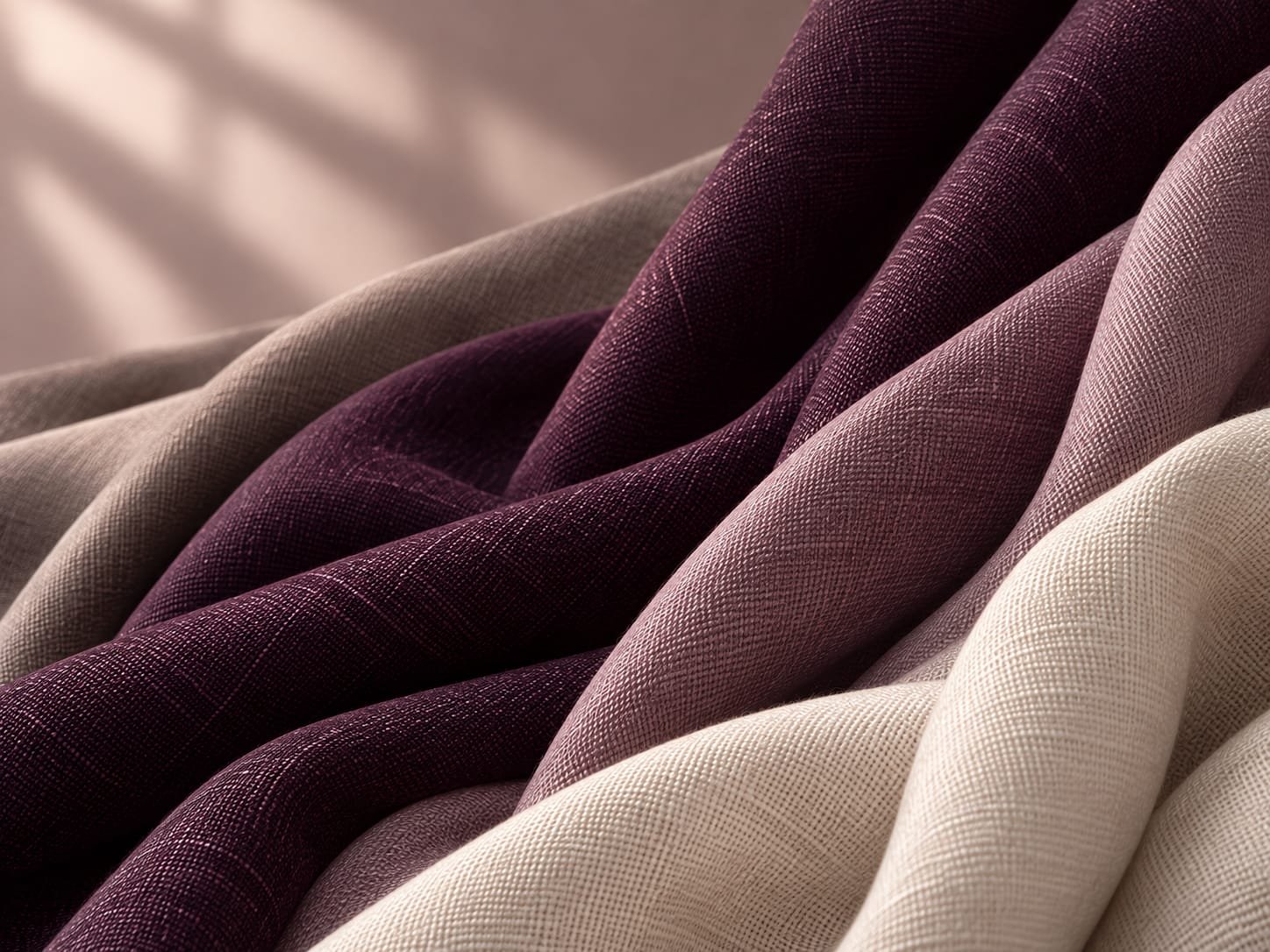 Close-up of multiple folded fabric swatches in shades of beige, mauve, and purple with a textured woven appearance.