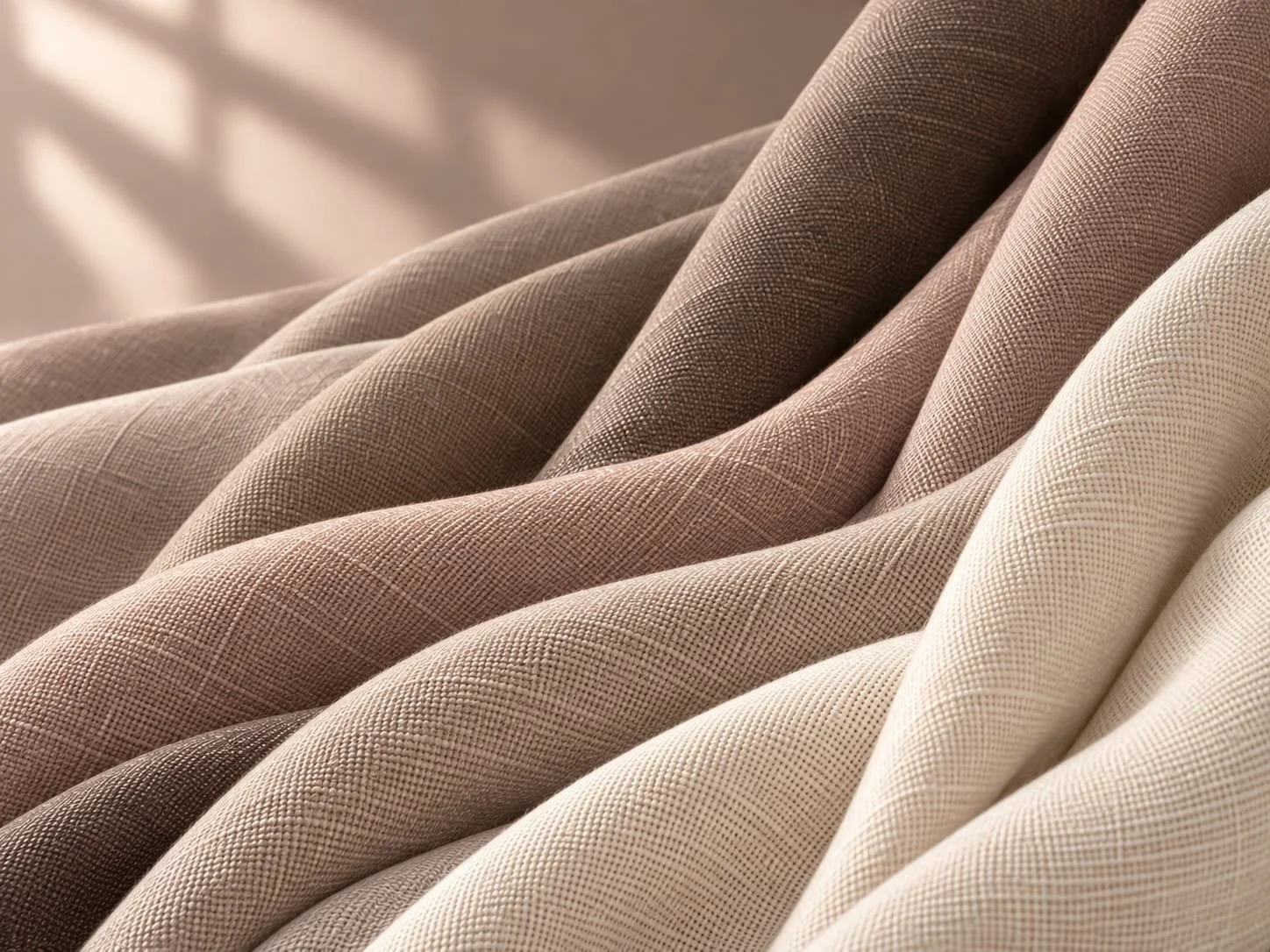Close-up of fabric swatches in shades of beige, taupe, and brown, arranged in overlapping rolls.