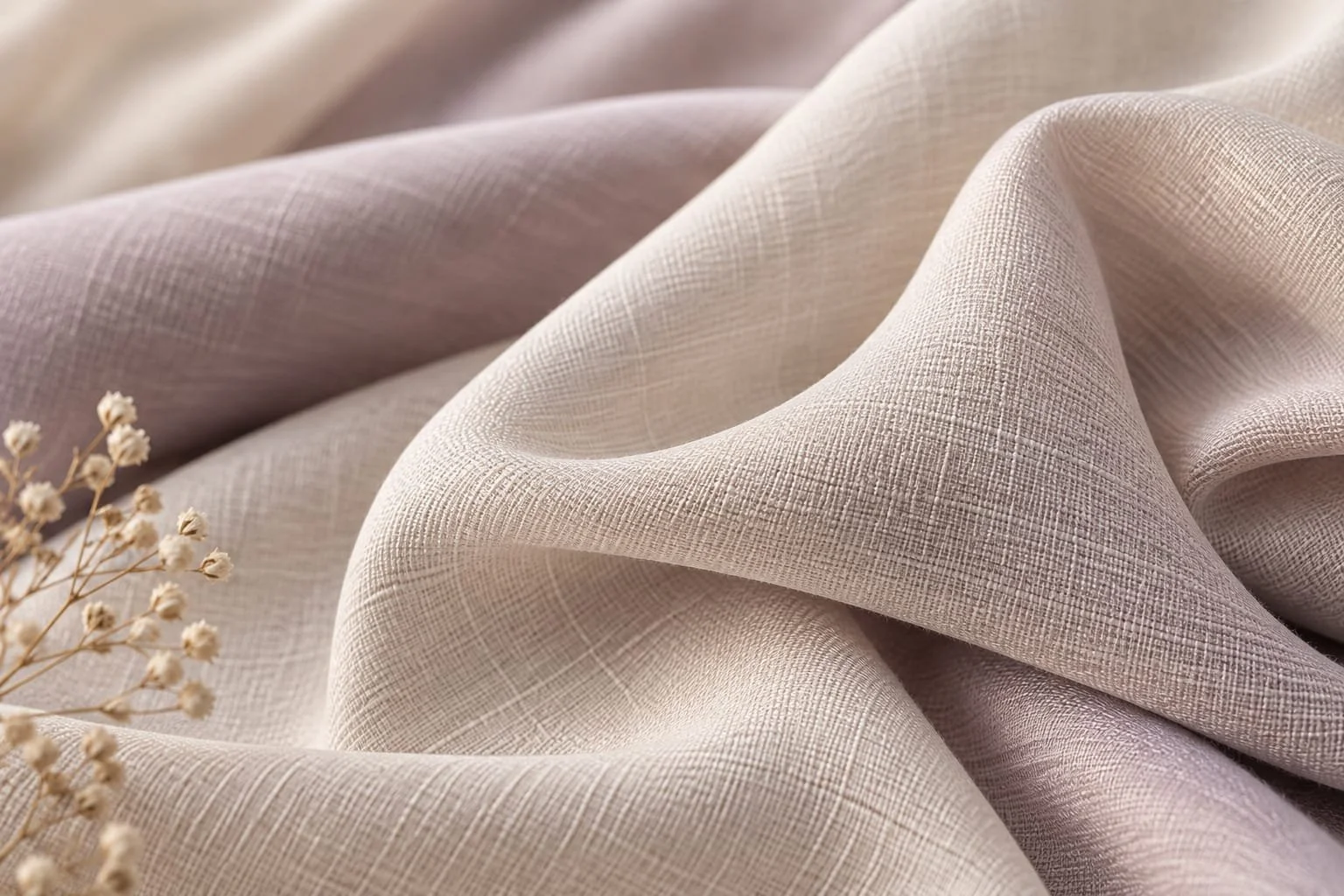 Close-up of soft, light-colored fabric with a subtle woven texture and gentle folds, accompanied by small dried flowers.