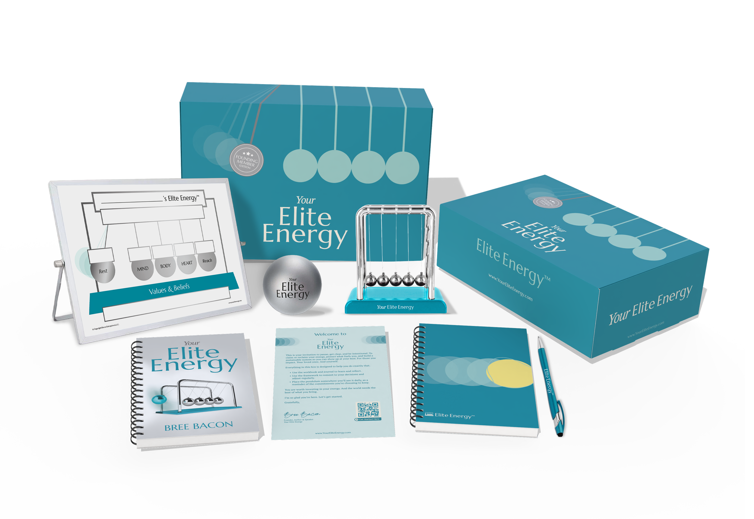 Your Elite Energy kit including workbook, magnetic system, journal, pendulum and program materials