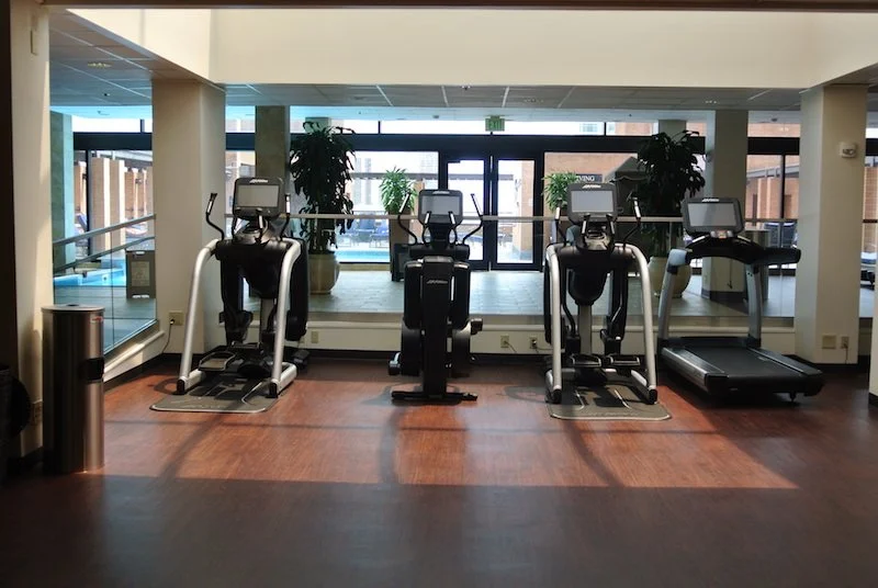 A gym with three workout machines and a treadmill near large windows with plants.