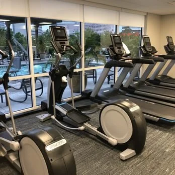 Row of exercise equipment including elliptical machines and treadmills in a gym with large windows showing outdoor seating and trees.
